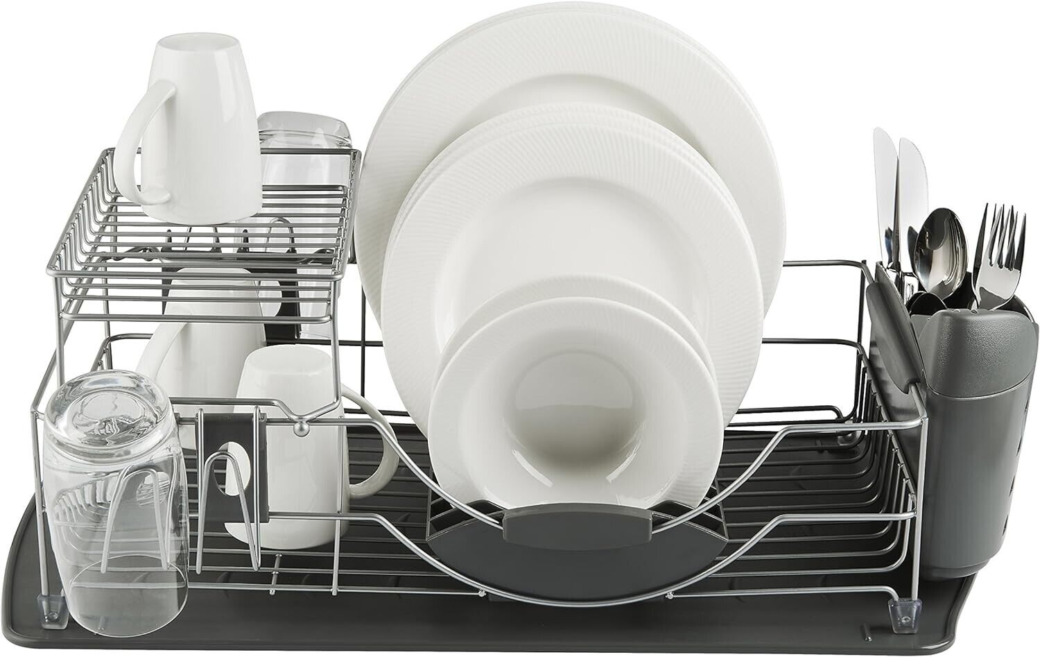 Tower T847002 Compact 2-Tier Dish Rack with Cutlery Drainer, Removable Draining Tray, Colour Coated Steel, Grey , 33 x 61 x 24 cmTower Grey Rack for Dishes 2 Tier Sink Drainer Kitchen Tray