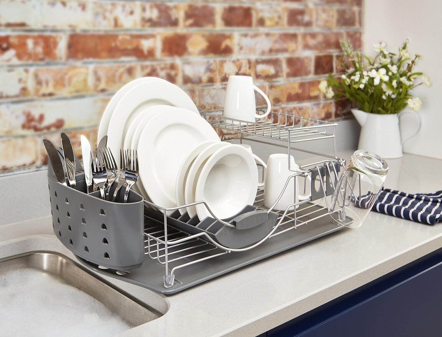 Tower Compact 2 Tier Dish Rack with Cutlery Drainer T847002 Grey Vibe Home