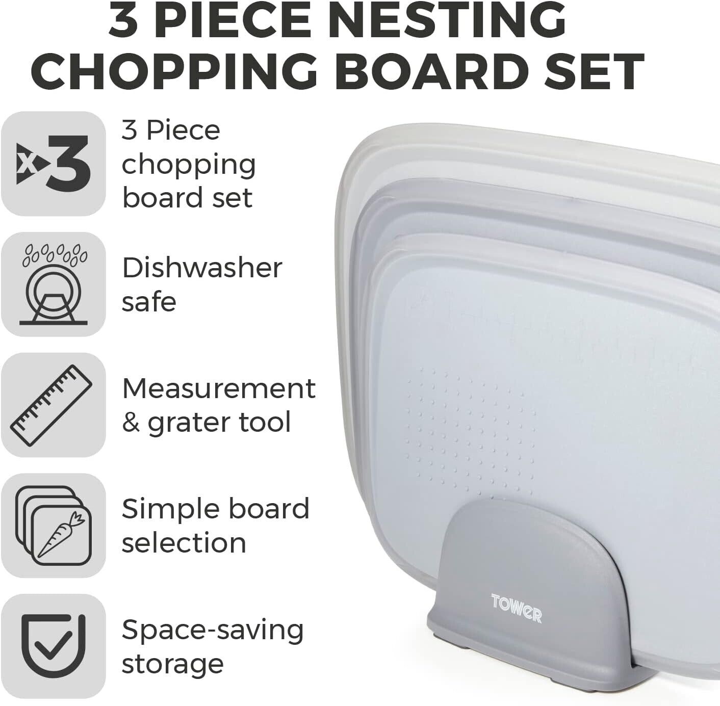 Tower T847035 3pce Nesting Chopping Board Set with Ruler and Grater, Grey