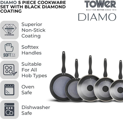 Tower T900130 Diamo 5 Piece Cookware Set, 18cm/20cm/22cm Saucepans with Tempered Glass Lids, 20cm/24cm Frying Pans, Black Diamond Non-Stick Ceramic Coating, Black