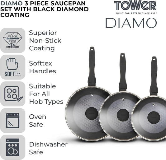 Tower T900131 Diamo 3 Piece Cookware Set, 18cm/20cm/22cm Saucepans with Tempered Glass Lids, Black Diamond Non-Stick Ceramic Coating, Black