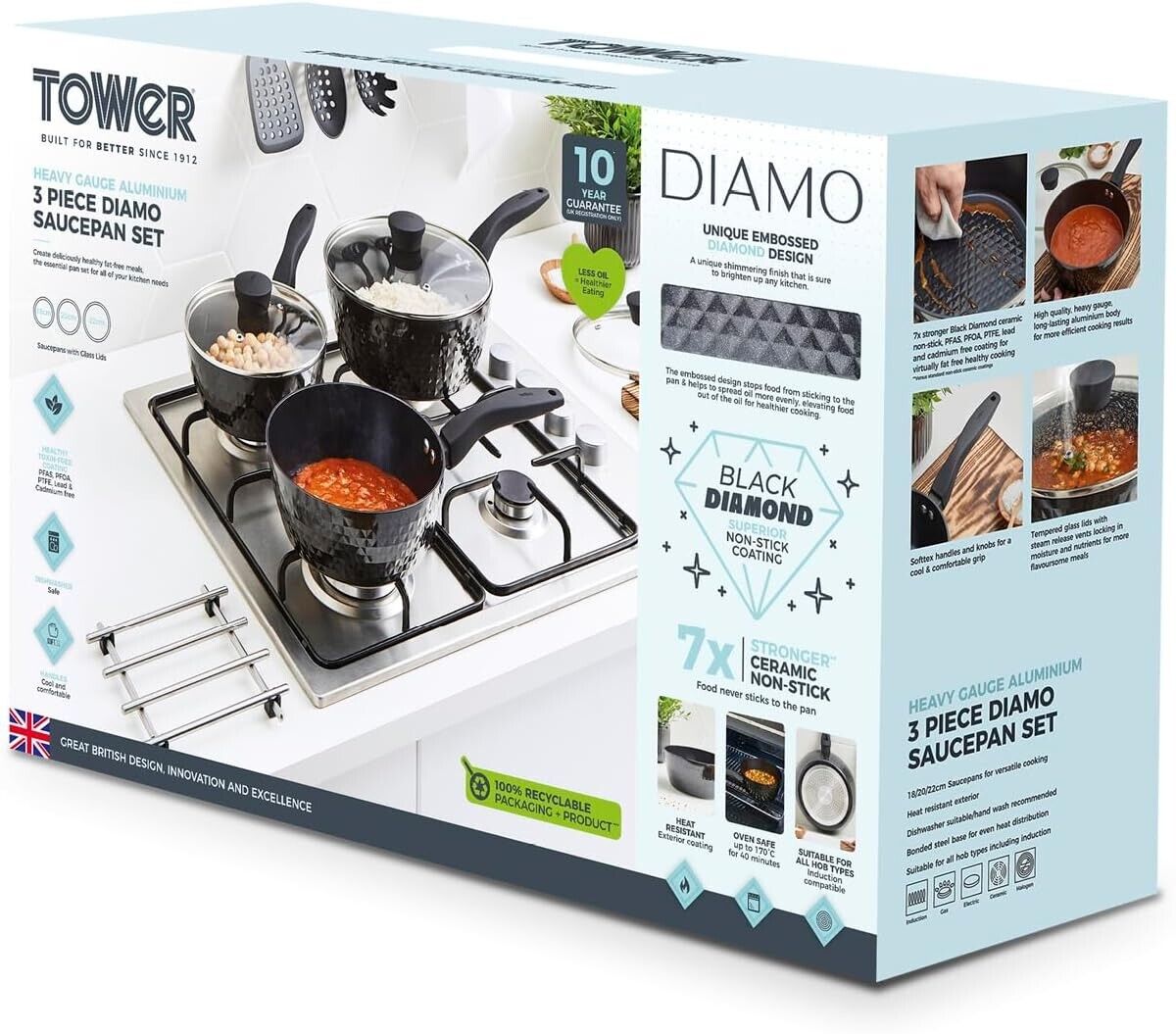 Tower Diamo 3pc Cookware Set, Saucepans Lids Diamond Non-Stick Coating