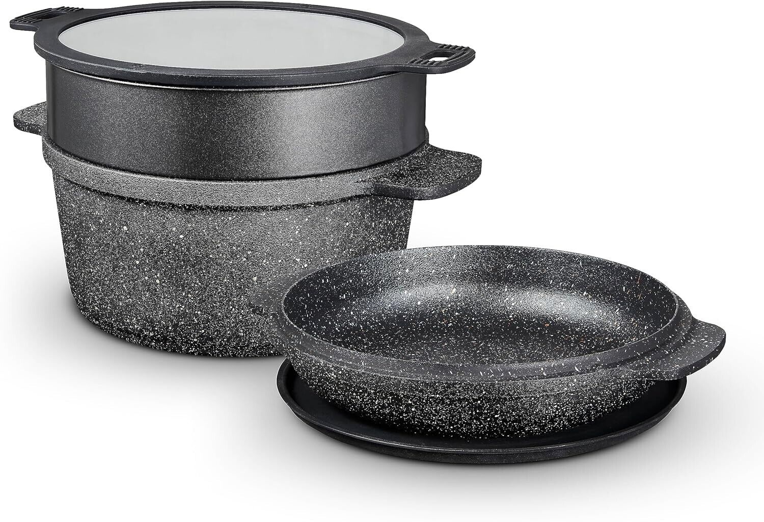 Tower T900190 Precision Multi-Functional Casserole Set with Steamer Insert, Lightweight Cast Aluminium, 24cm, Black