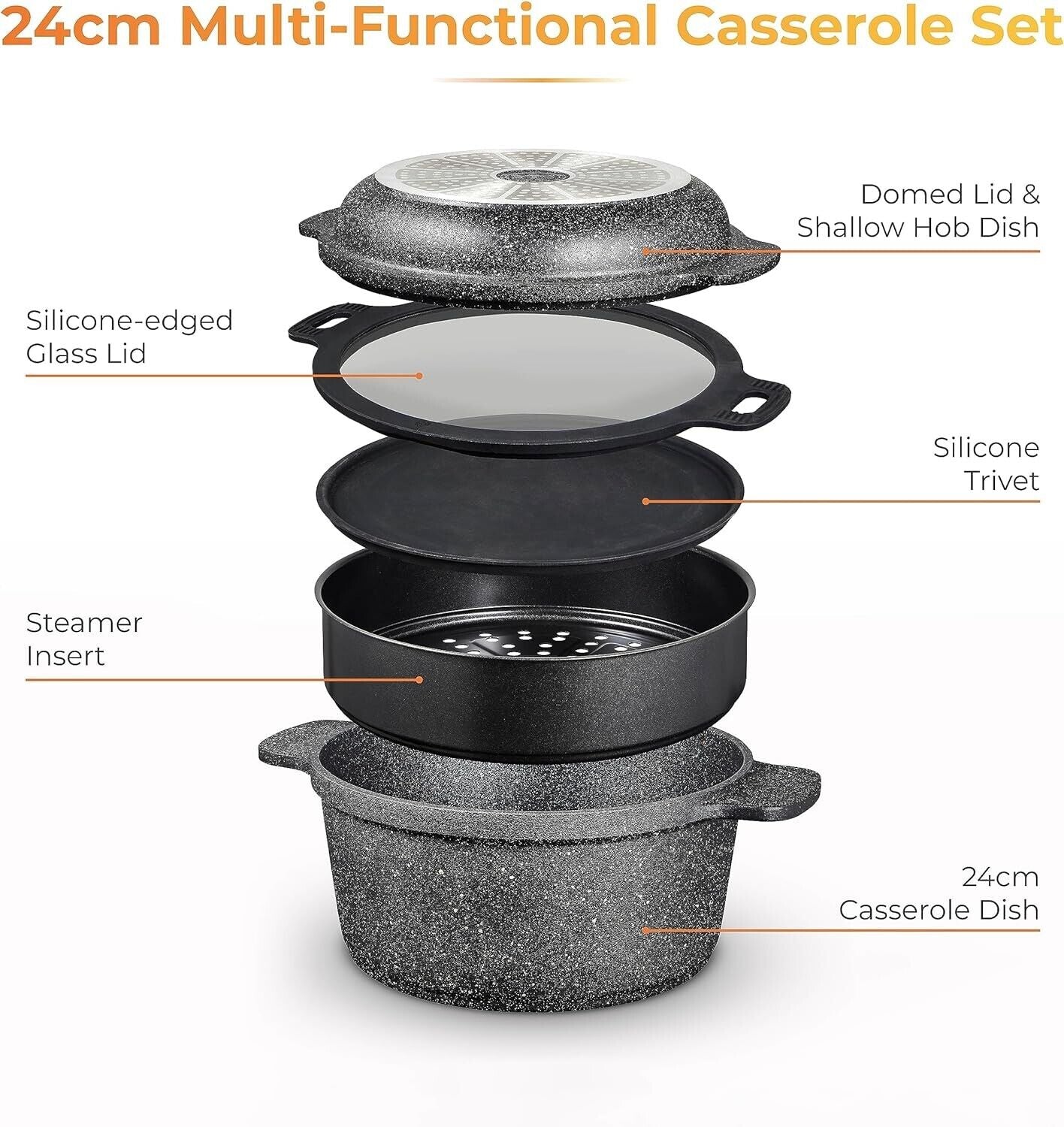 Tower T900190 Precision Multi-Functional Casserole Set with Steamer Insert, Lightweight Cast Aluminium, 24cm, Black